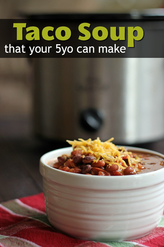 pinnable image Taco Soup in bowl by Slow Cooker