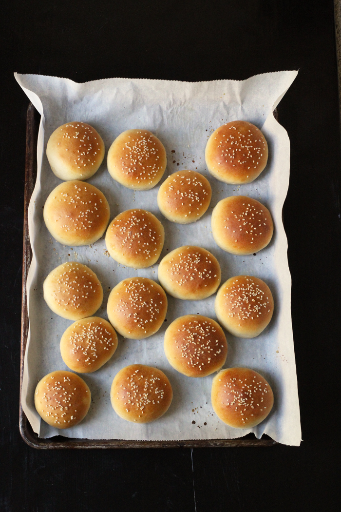 A pan of hamburger buns