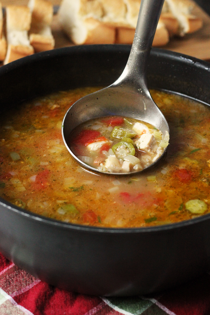 bowl of chicken gumbo soup with a ladle