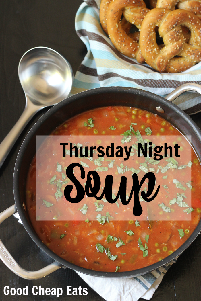 a pot of Thursday Night Soup with ladle