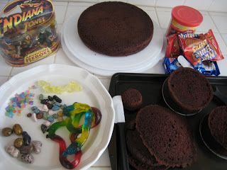 Ingredients for Indiana Jones cake on kitchen counter.