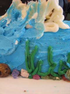 Close up of green sea weed and rocks on cake.