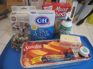 Ingredients for whale cake on kitchen counter top.