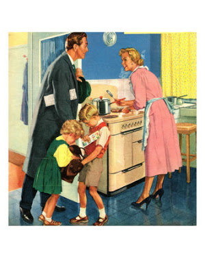 Vintage illustration of a 1950s family in the kitchen.