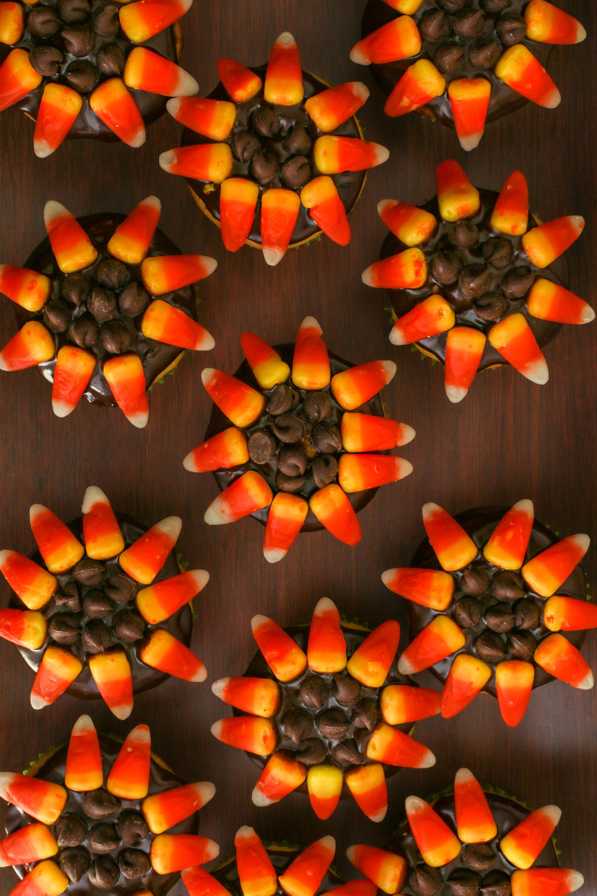 sunflower cupcakes laid out on a tray.