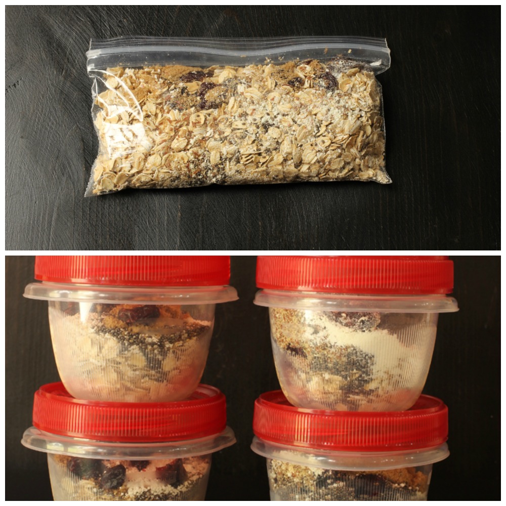 packaged instant oatmeal mixing a baggie and in bowls with lids