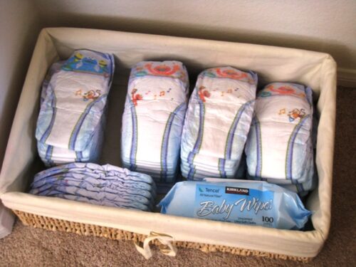 A close-up of a basket of diapers.