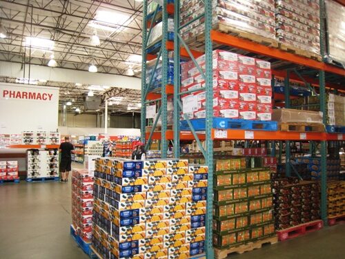 Stacks of groceries at Costco.