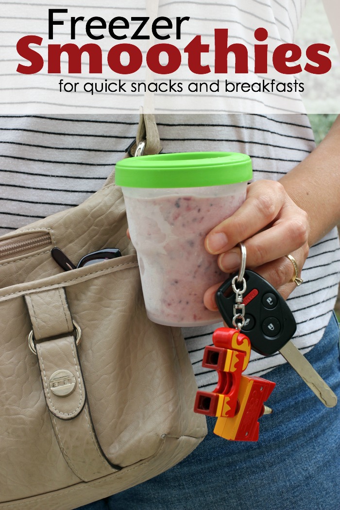 pinnable image of mom with keys, purse, and smoothie to go