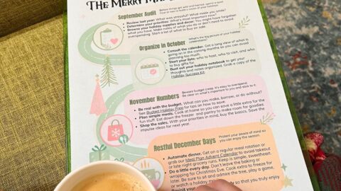 the merry map on a clipboard with a cup of coffee.