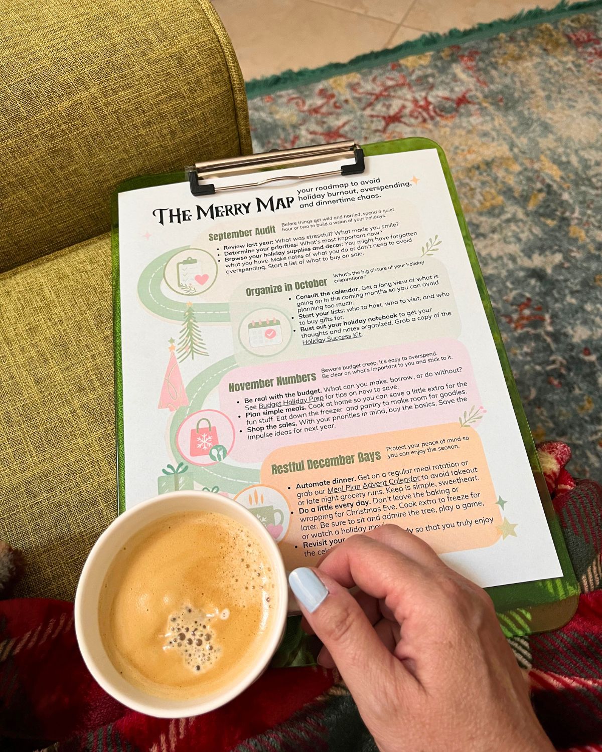 the merry map on a clipboard with a cup of coffee.