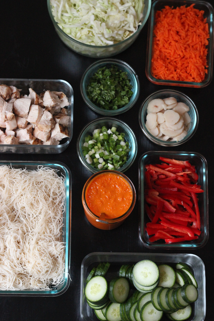 array of vegetables, noodles, and chicken cut for Asian bowls