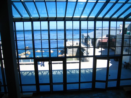 A large glass window, at the Monterey Bay Aquarium, looking out to sea.