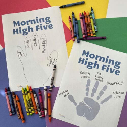 two morning routine charts printed out, next to crayons on colorful background.