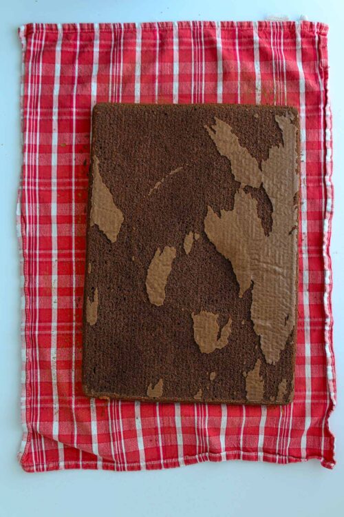 cake inverted on tea towel with parchment removed.