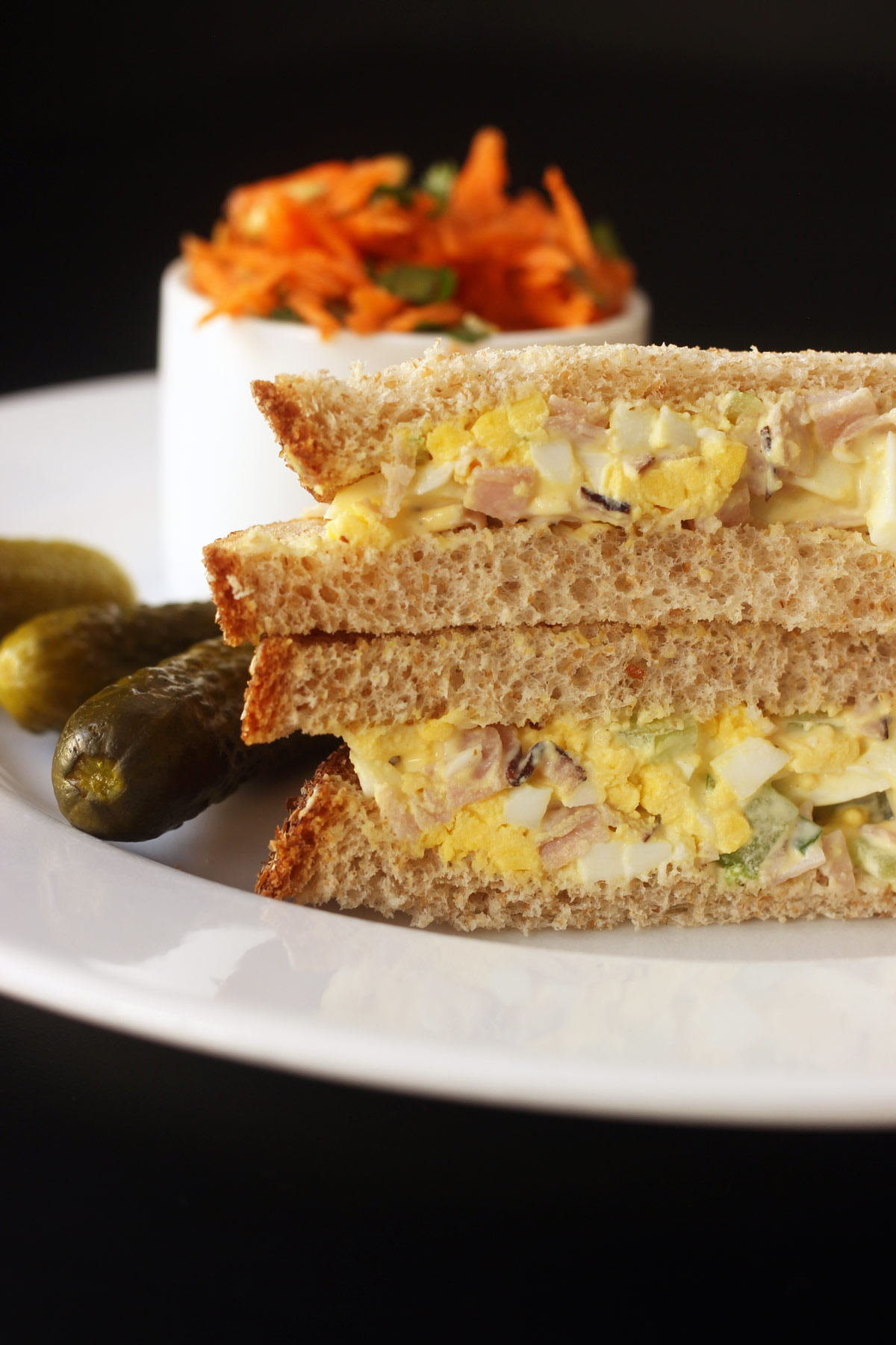 ham and egg salad sandwich with pickles