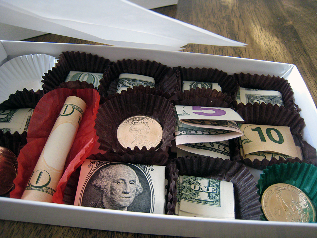 open chocolate box of money with liner