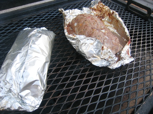A close up of meatloaf on a grill