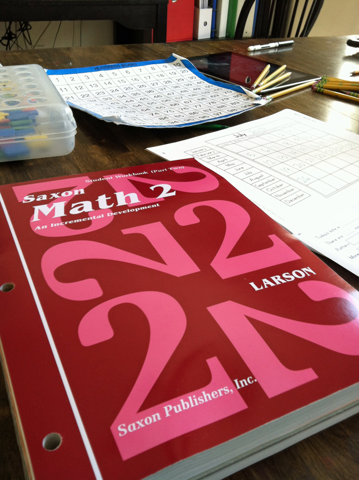 A math book on a table.