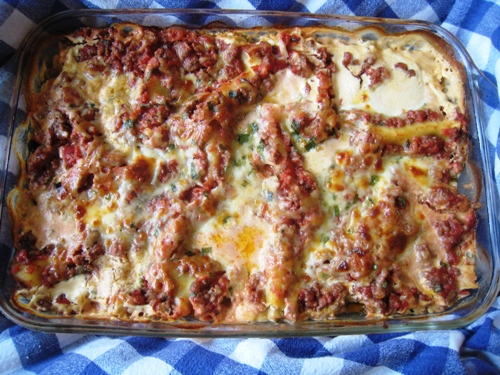 A Lasagne sitting on the table