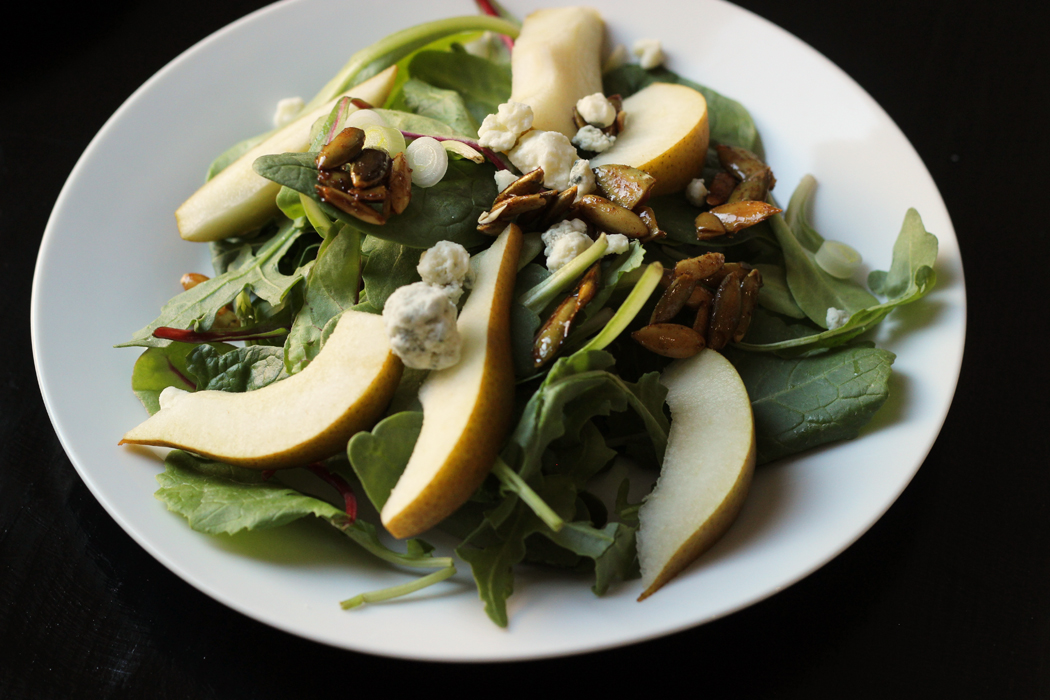 Pear & Blue Cheese Salad with Maple Spiced Toppings (URS Thanksgiving Side Dishes)