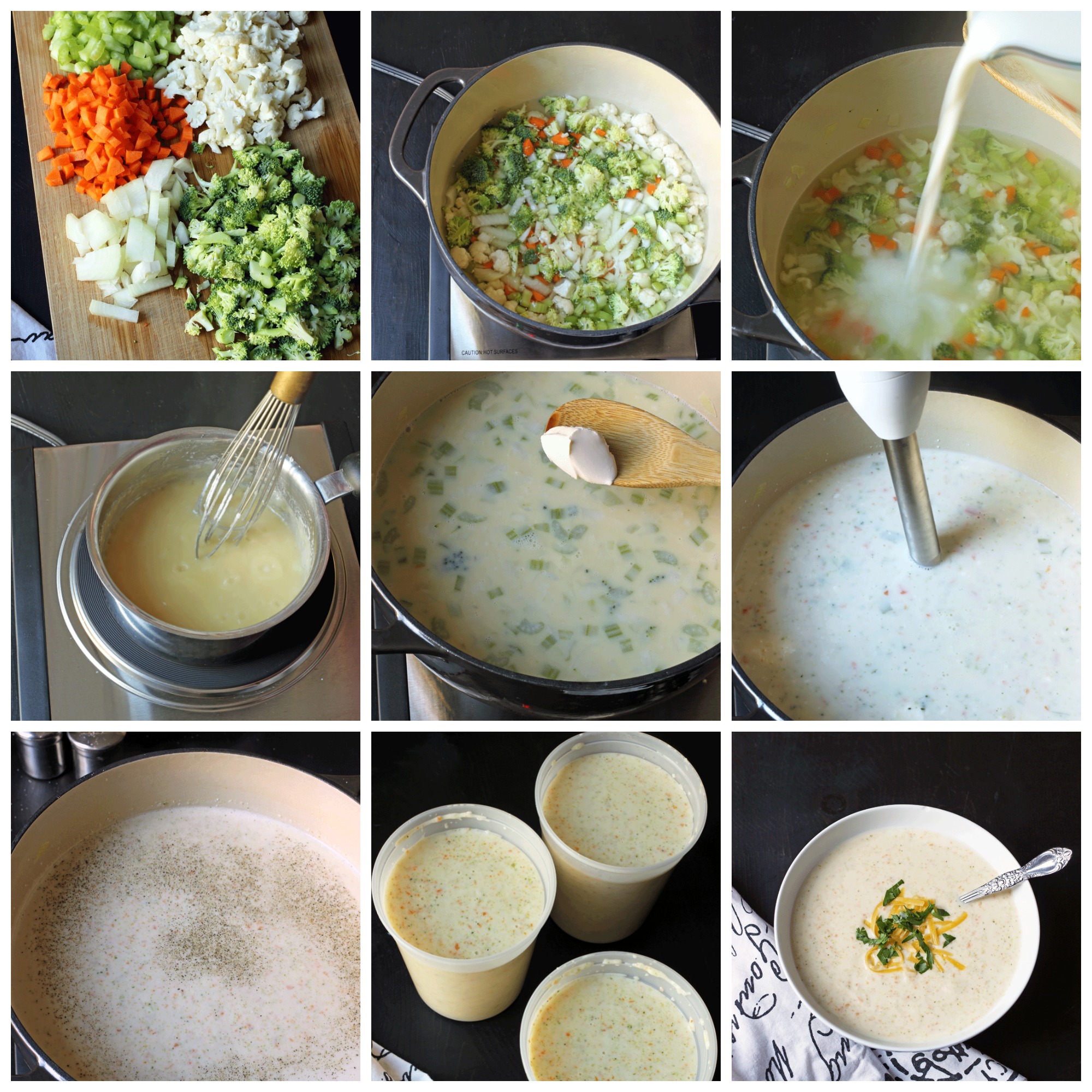 Collage der Vorbereitungsschritte für die Suppe