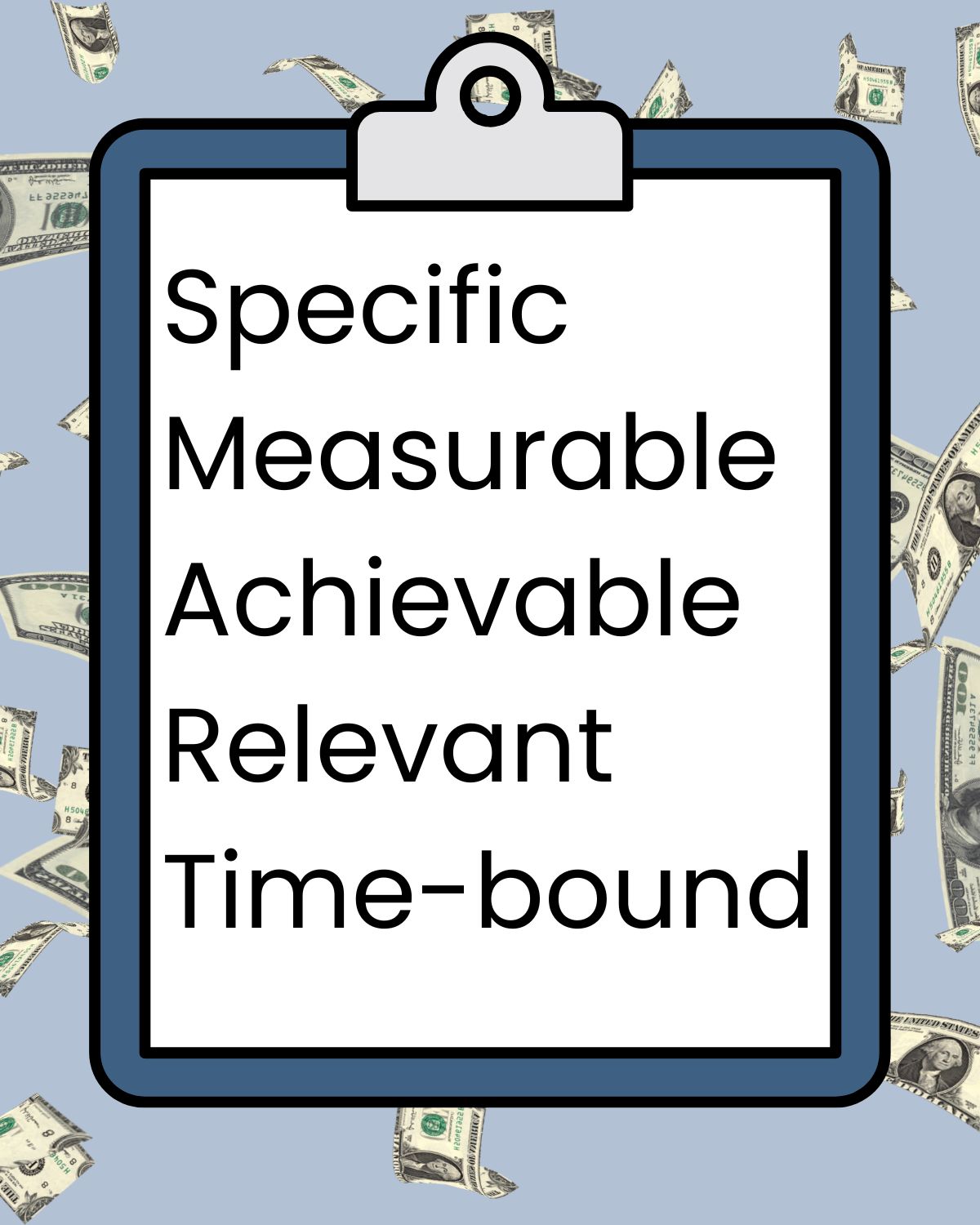 clipboard graphic over background of money, with SMART acronym in text.