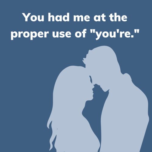 graphic with couple and quote: you had me at the proper use of you're.