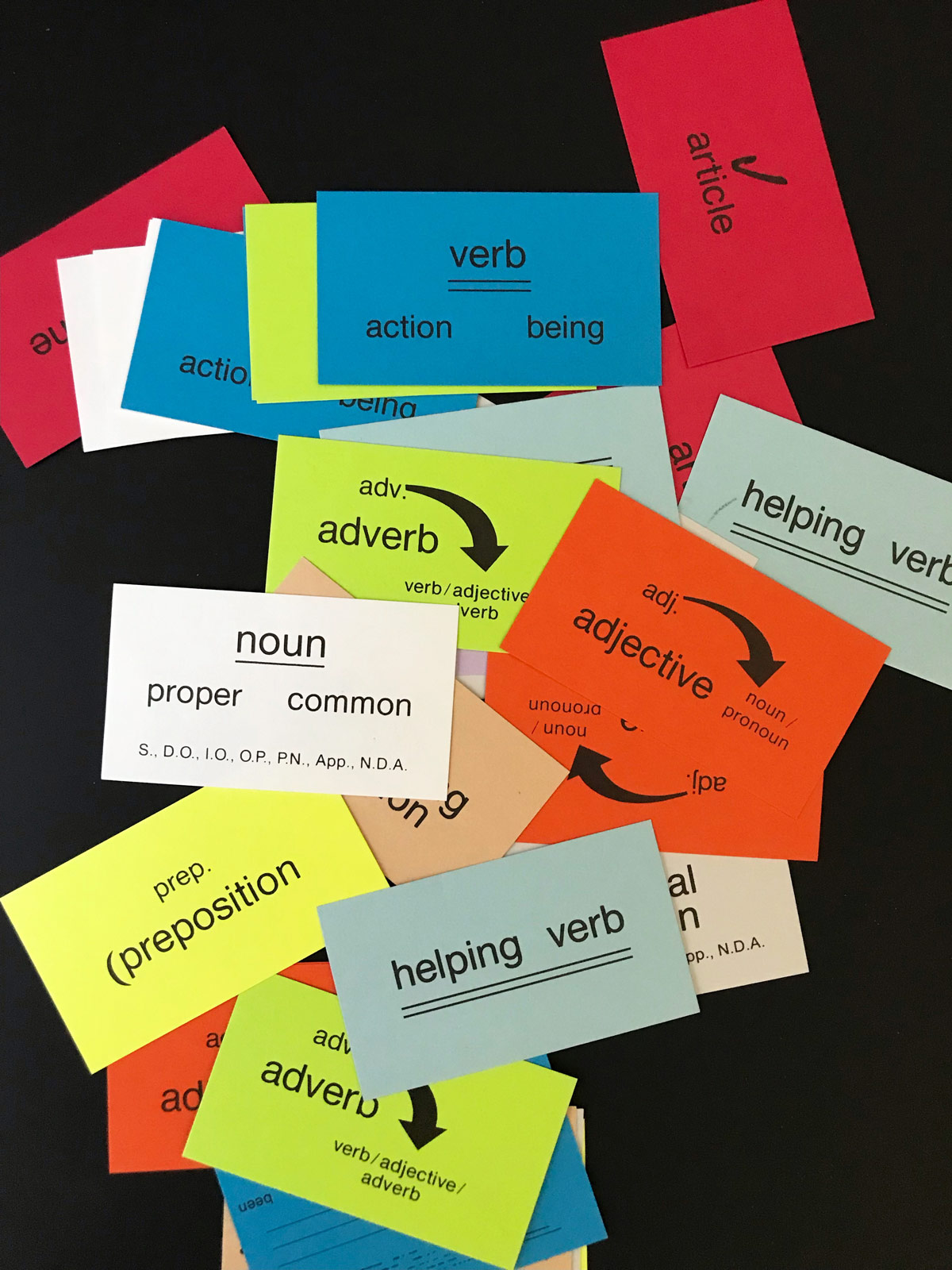 grammar flashcards spread out on black table.