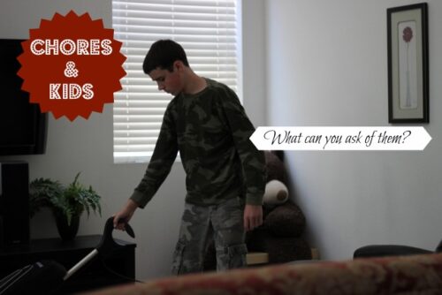 A boy vacuuming in front of a television, with text overlay.