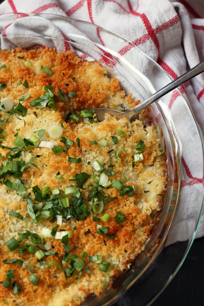 Green Bean Casserole in dish with spoon