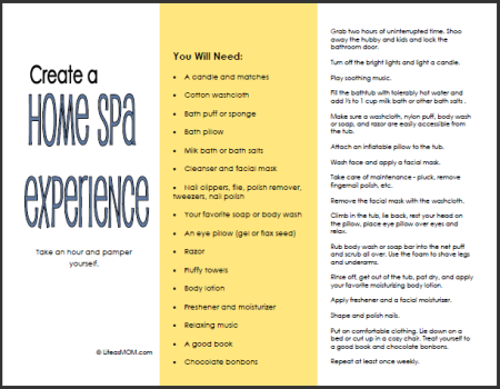 screen shot of home spa experience printable.
