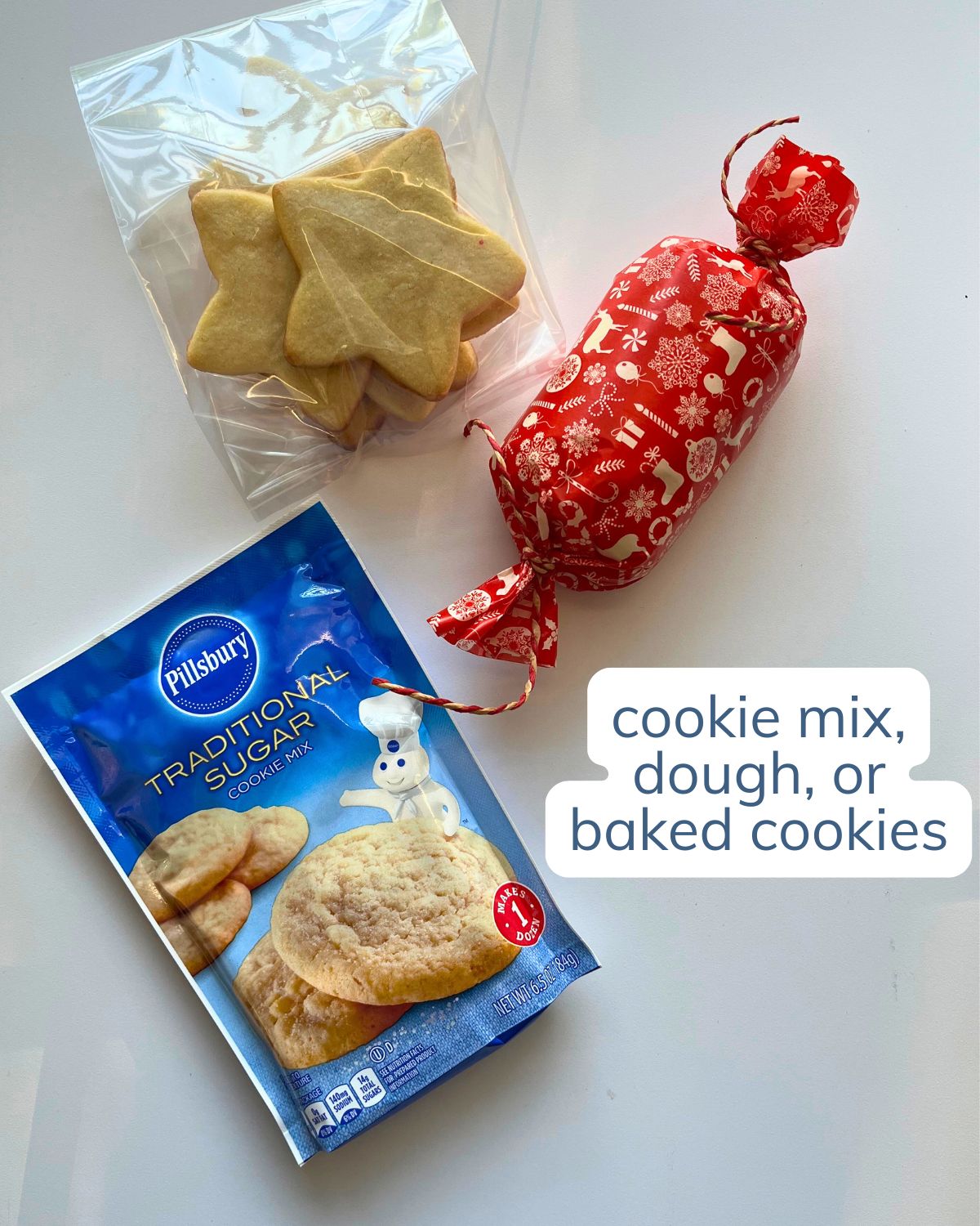 array of cookie options: dry mix, homemade dough, baked cookies.