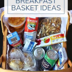 family breakfast basket with text overlay: breakfast basket ideas.