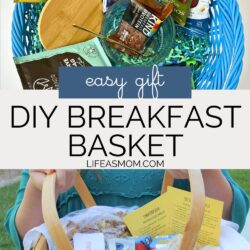 collage of breakfast baskets, with text overlay: easy gift, diy breakfast basket.