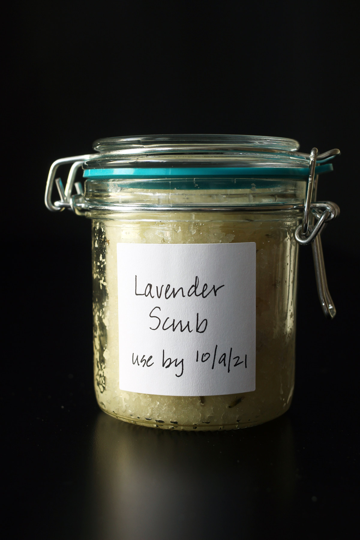 lavender scrub in labeled jar with lid