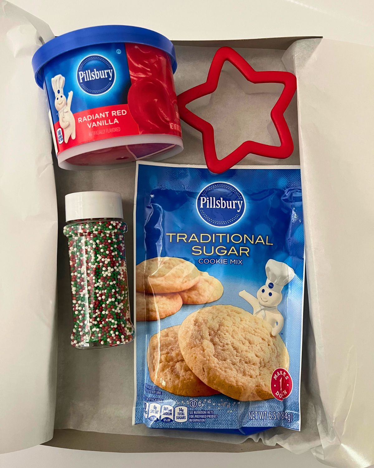 shelf stable cookie kit in a parchment-lined box.