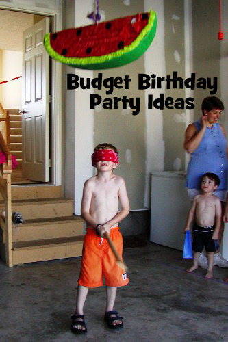 Blindfolded boy with stick to strike a pinata, with text overlay: Budget Birthday Party Ideas.