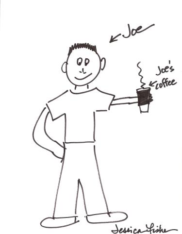 A drawing of Joe and his take-out coffee.