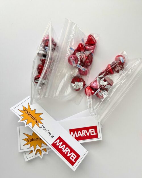 dividing the candy into bags, next to prepped card.