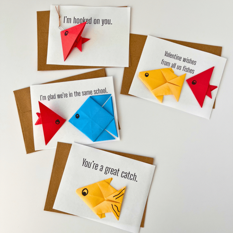 four origami fish cards with brown envelopes on a white background.