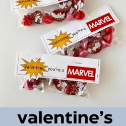 three marvel valentine treat bags, with text overlay.