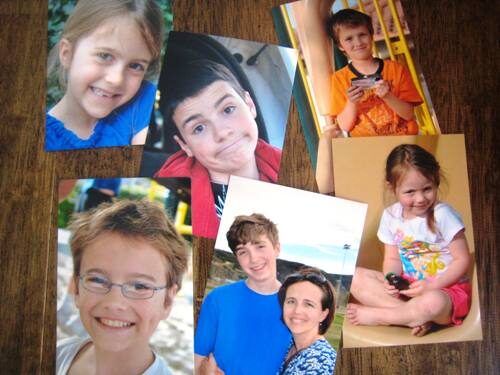 Collage of family photos on the table.