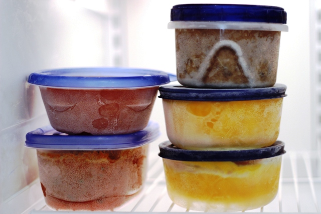 frozen containers in freezer
