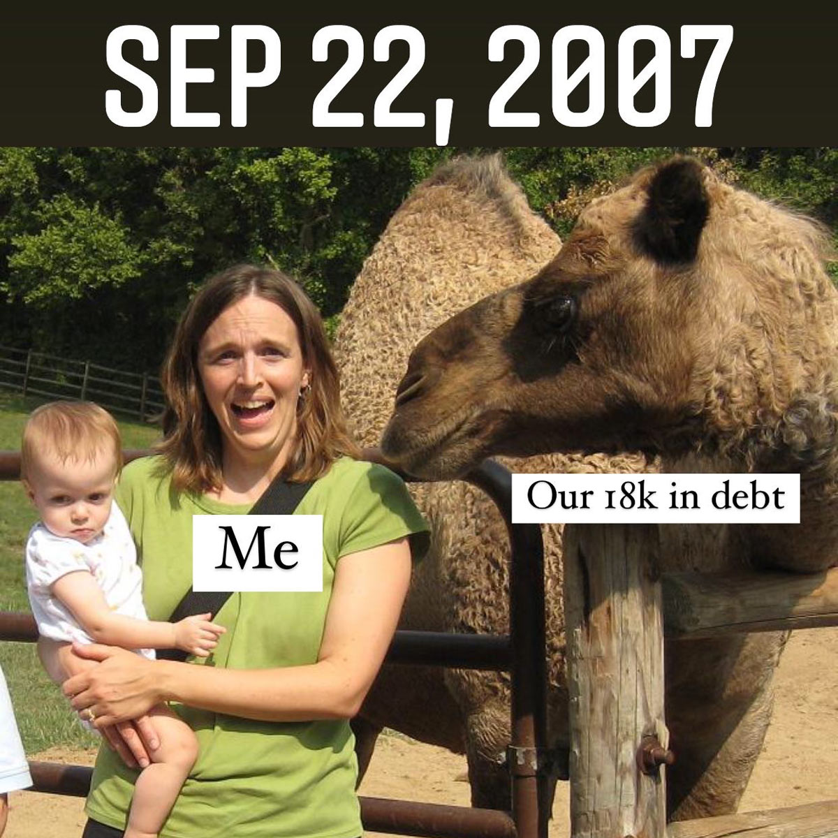 jessica holding baby with camel staring her in the face, with text overlay.