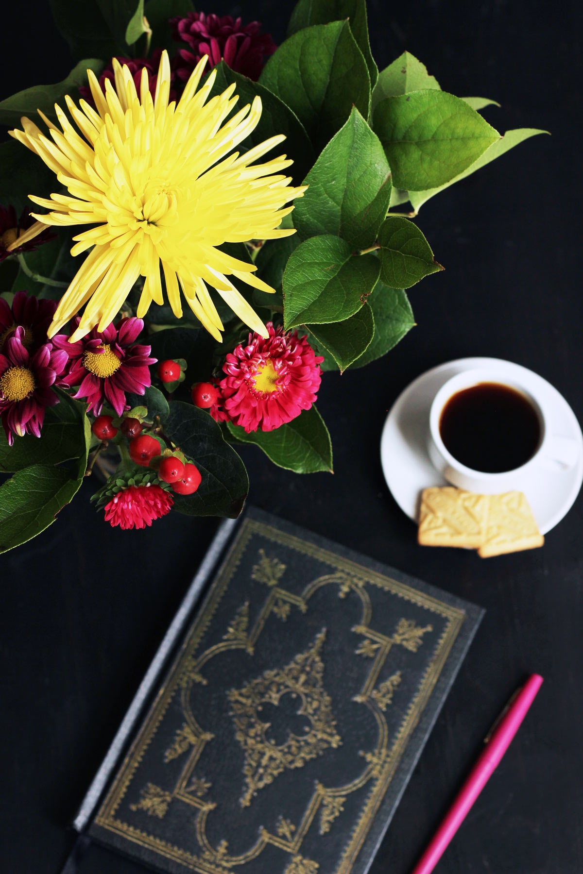 flowers next journal and cup of espresso