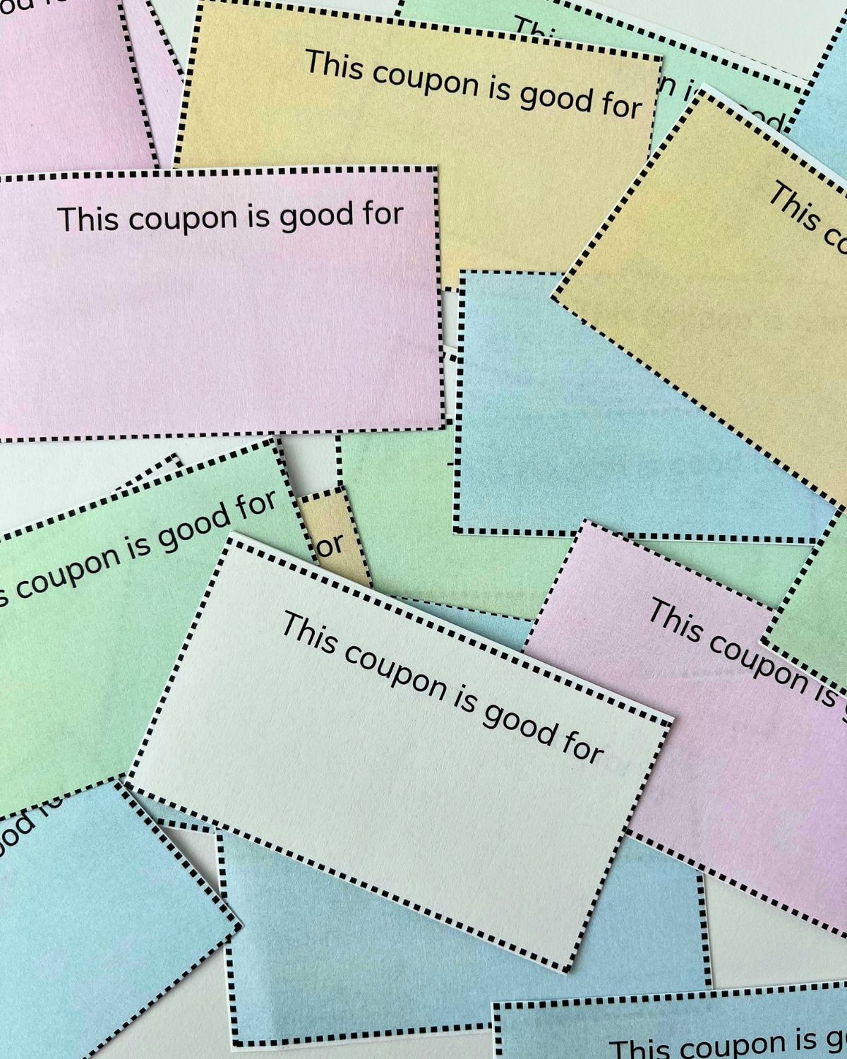 array of pastel colored paper coupons.
