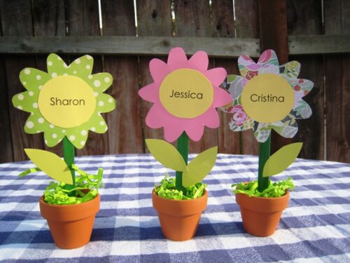 Flower pot name cards in a line on a blue checked tablecloth.