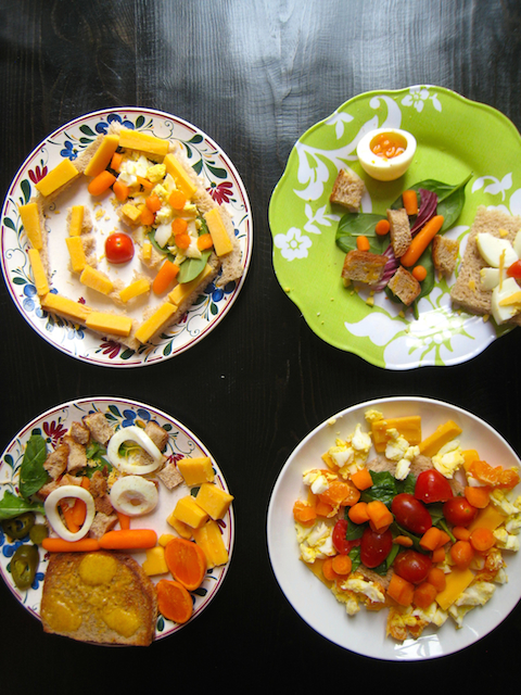 Plates of food creations that kids made playing Chopped.