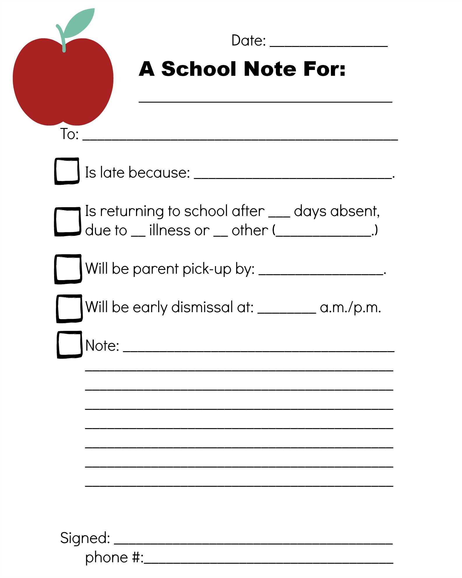 Printable Note From Home For School